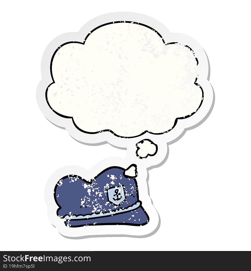 cartoon sailor hat and thought bubble as a distressed worn sticker