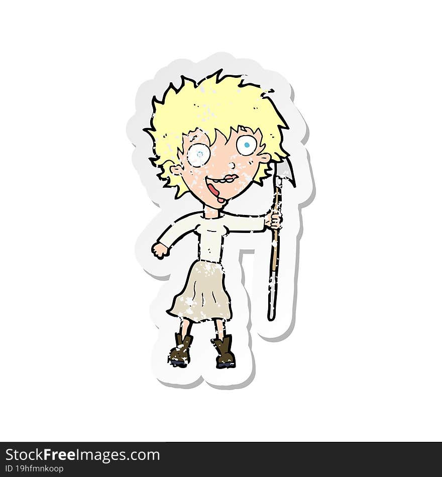 retro distressed sticker of a cartoon crazy woman with spear