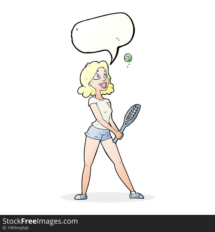 Cartoon Woman Playing Tennis With Speech Bubble