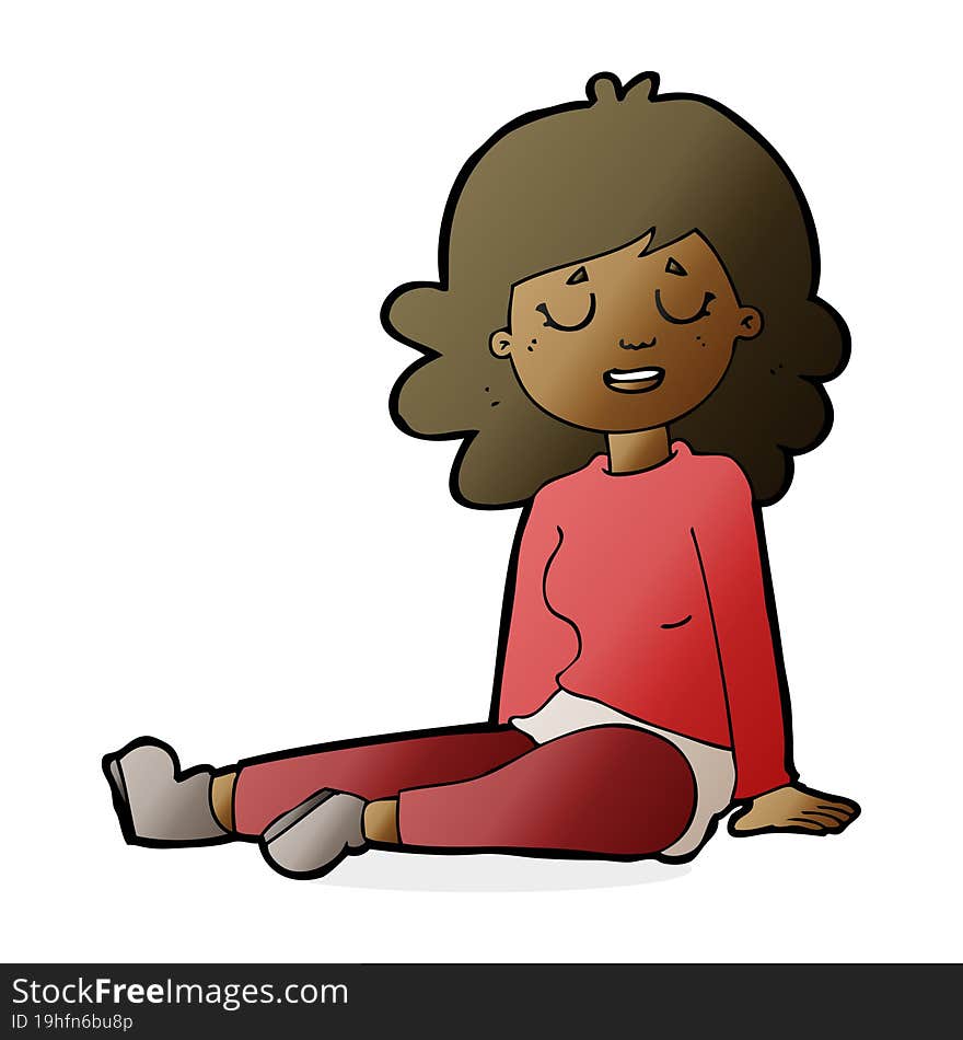 Cartoon Happy Woman Sitting On Floor