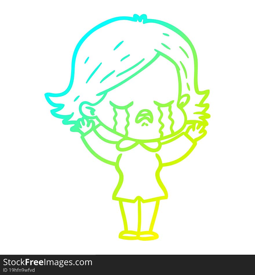 cold gradient line drawing of a cartoon girl crying