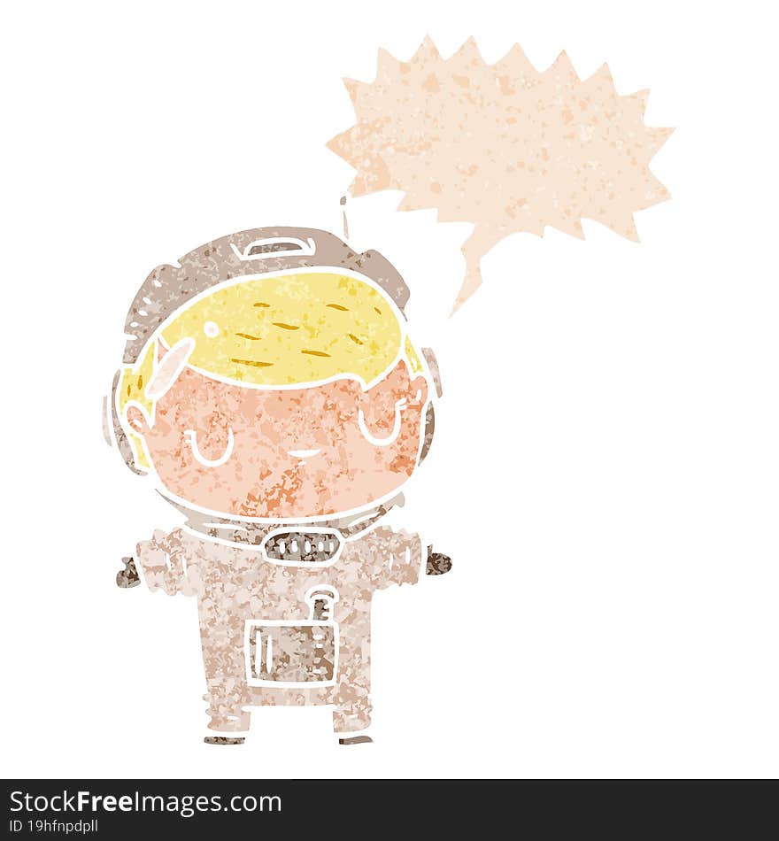 cartoon astronaut and speech bubble in retro textured style