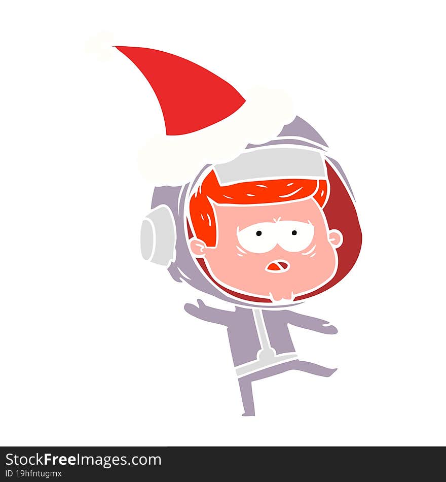 hand drawn flat color illustration of a tired astronaut wearing santa hat