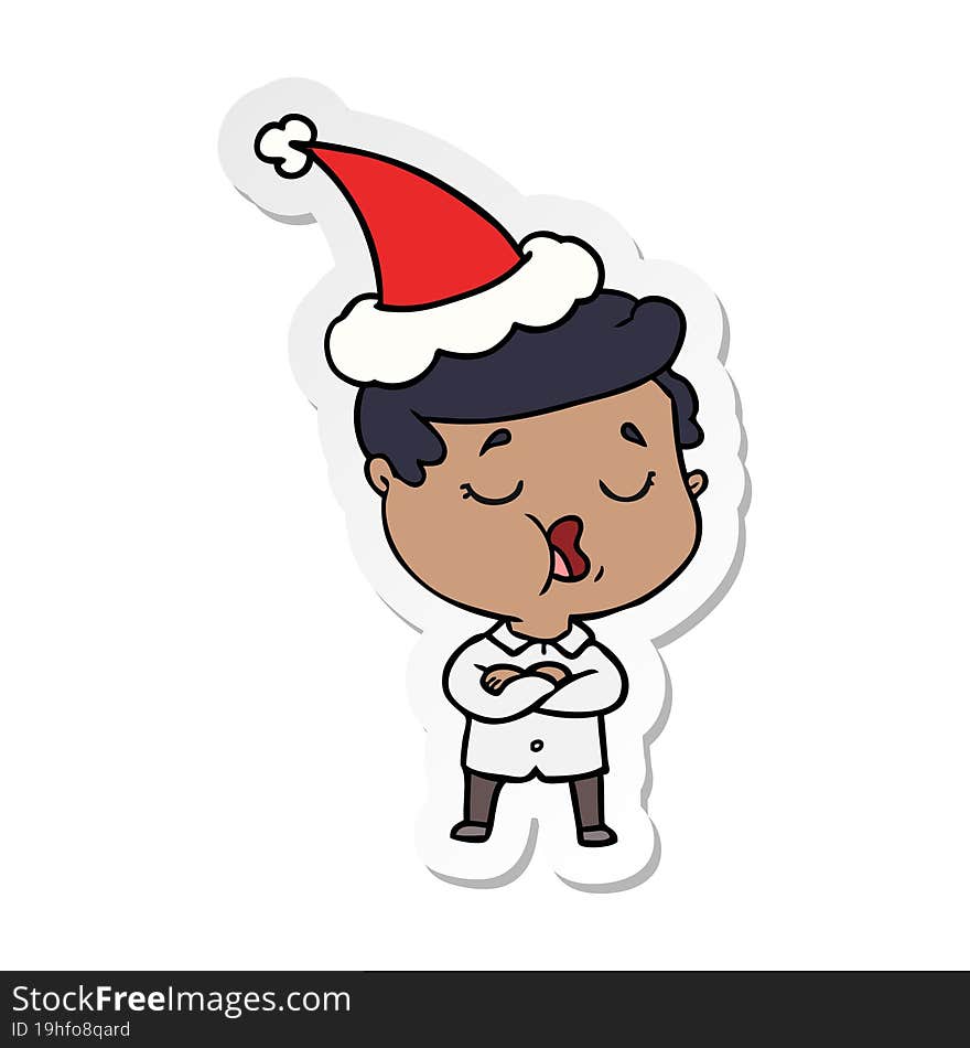 sticker cartoon of a man talking wearing santa hat