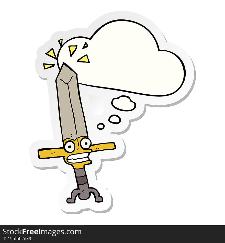 cartoon magic sword and thought bubble as a printed sticker