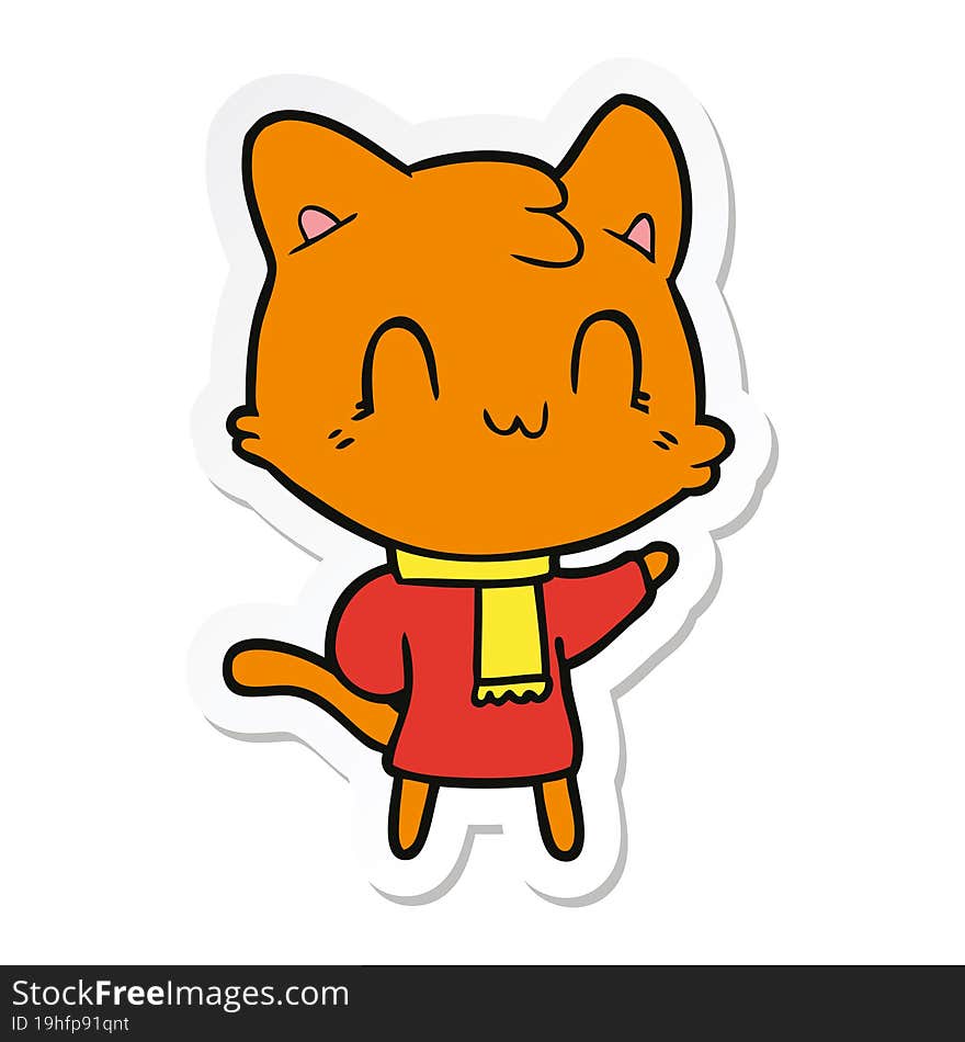 sticker of a cartoon happy cat wearing scarf