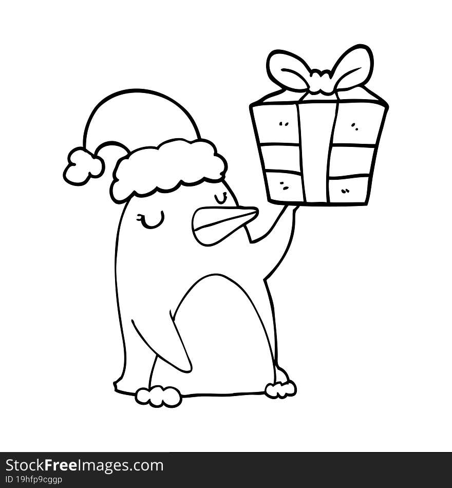 Cartoon Penguin With Christmas Present