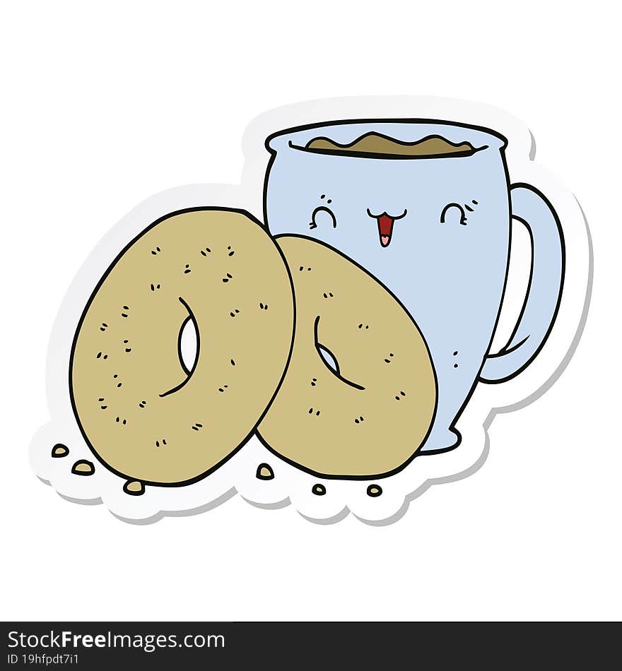 sticker of a cartoon coffee and donuts