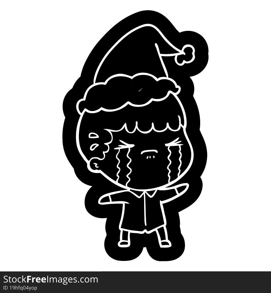 Cartoon Icon Of A Man Crying Wearing Santa Hat