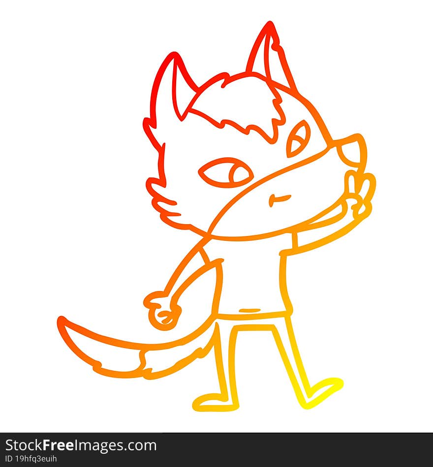 warm gradient line drawing of a friendly cartoon wolf giving peace sign