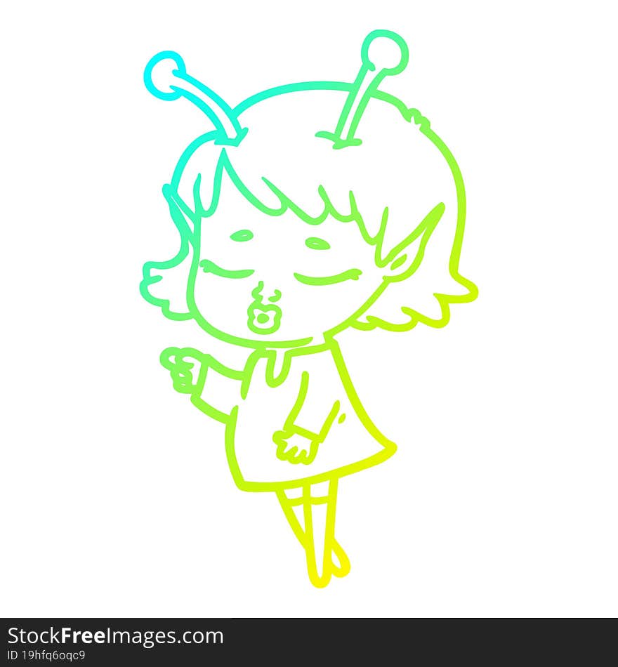 Cold Gradient Line Drawing Cute Alien Girl Cartoon