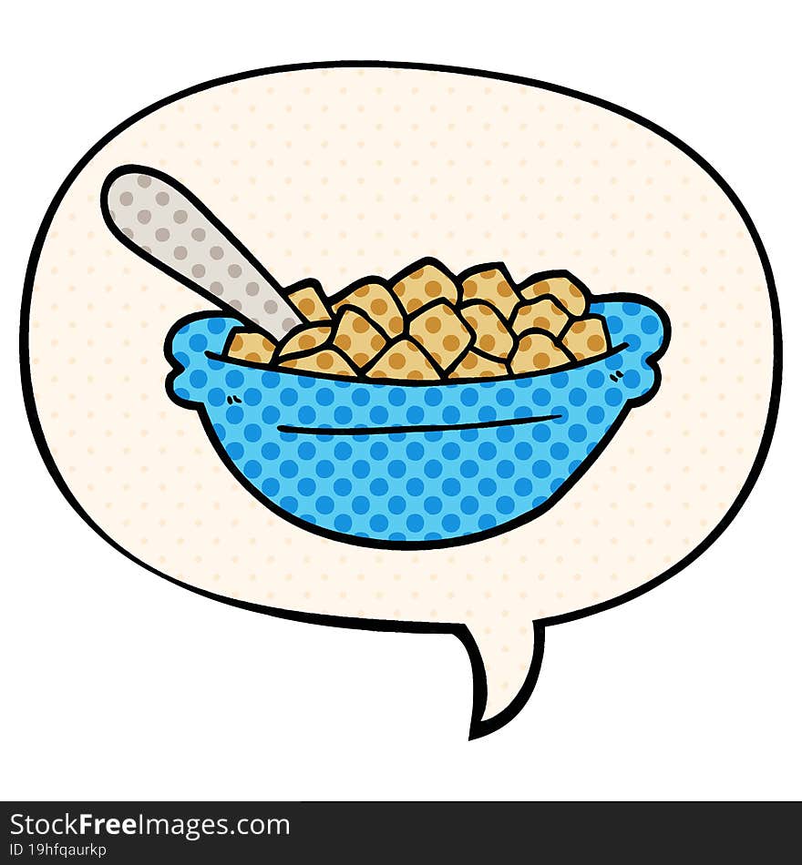 cartoon cereal bowl and speech bubble in comic book style