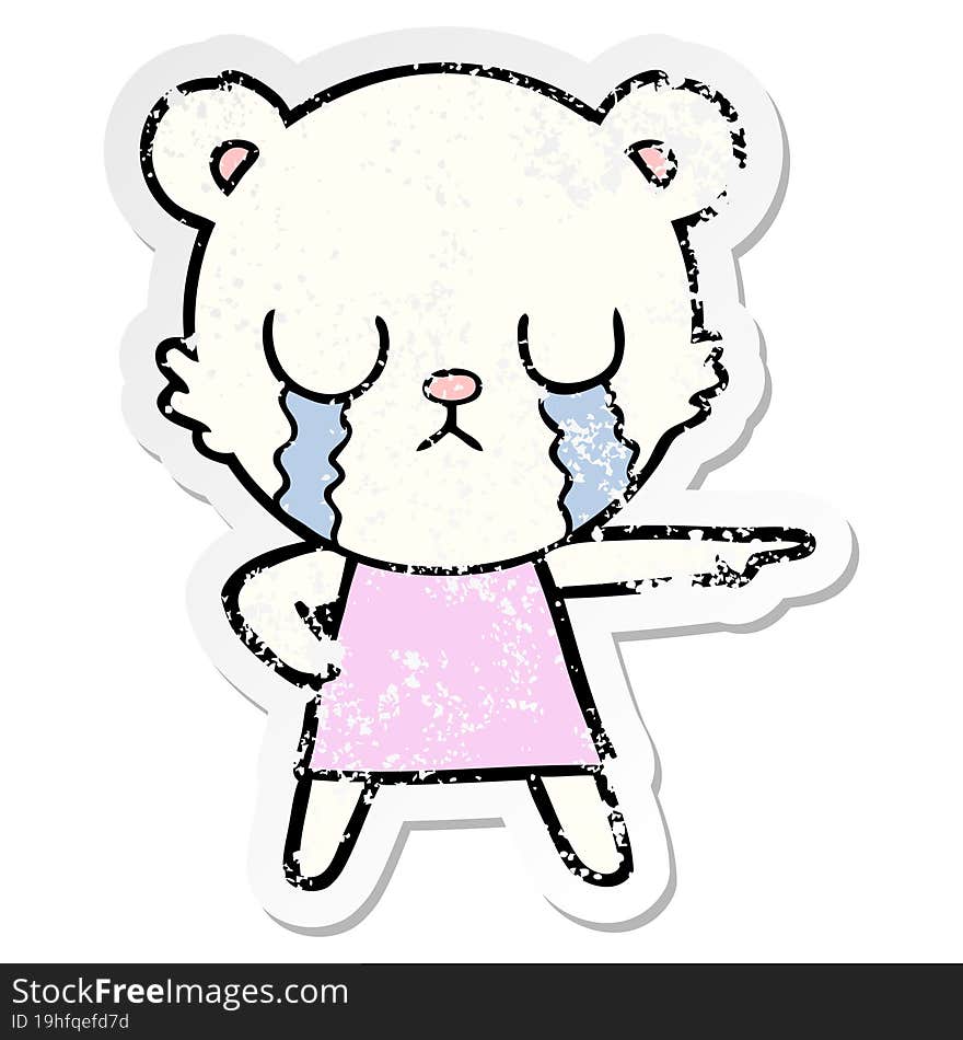 distressed sticker of a crying polar bear in dress pointing