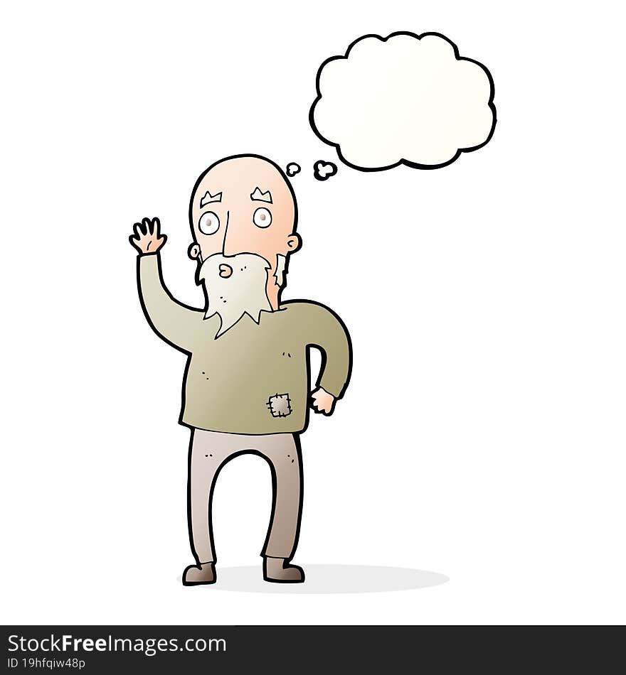 cartoon old man waving with thought bubble