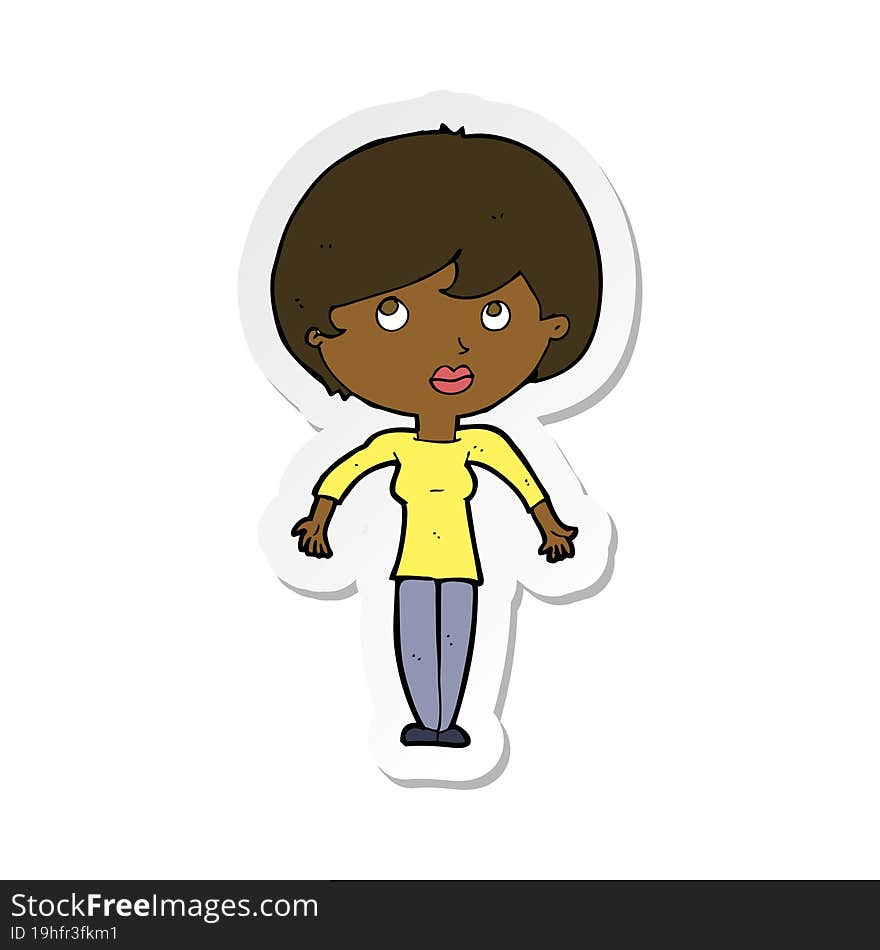 sticker of a cartoon woman shrugging shoulders