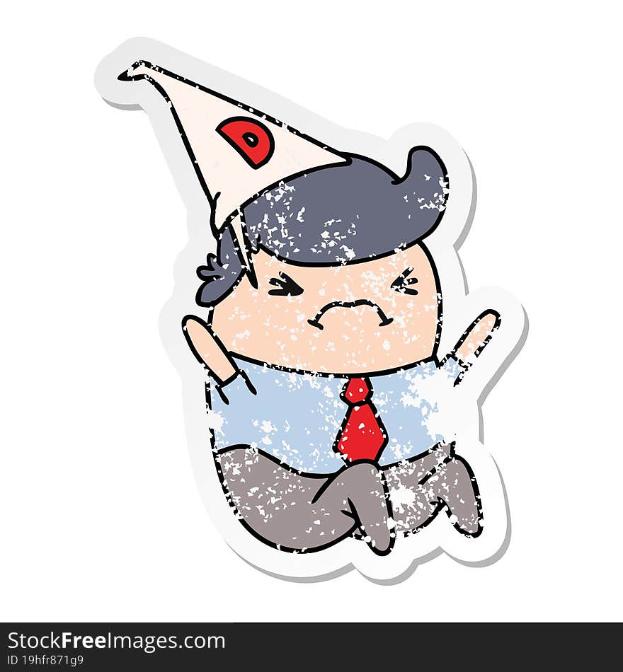 Hand drawn distressed sticker cartoon kawaii man in dunce hat