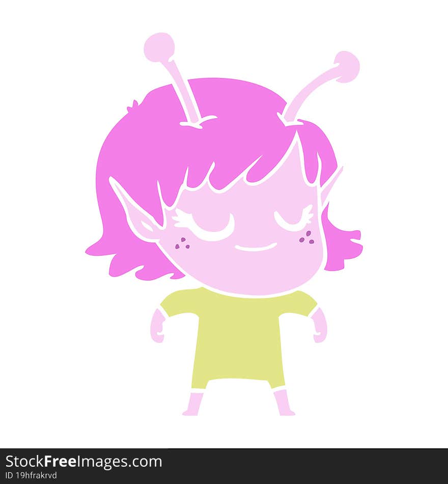 Smiling Alien Girl Flat Color Style Cartoon