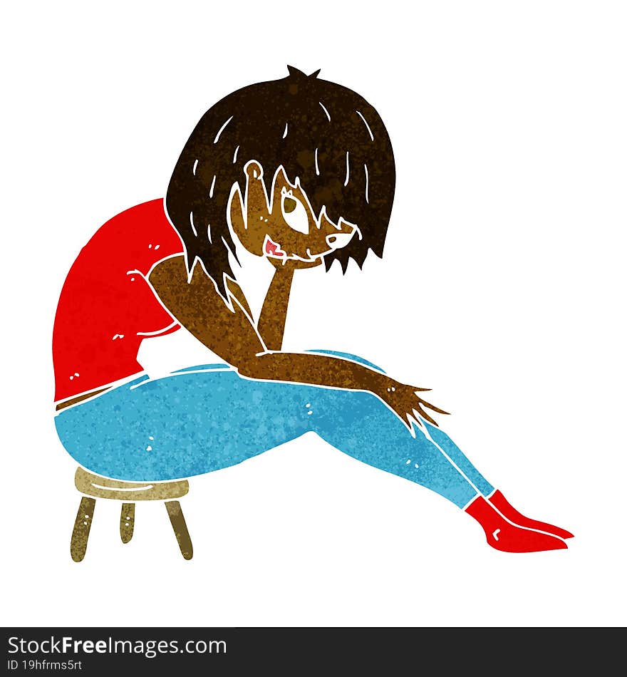 cartoon woman sitting on small stool