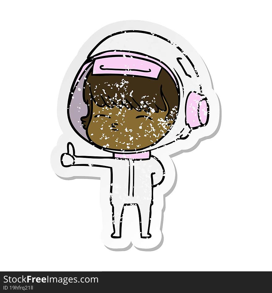 distressed sticker of a cartoon curious astronaut giving thumbs up