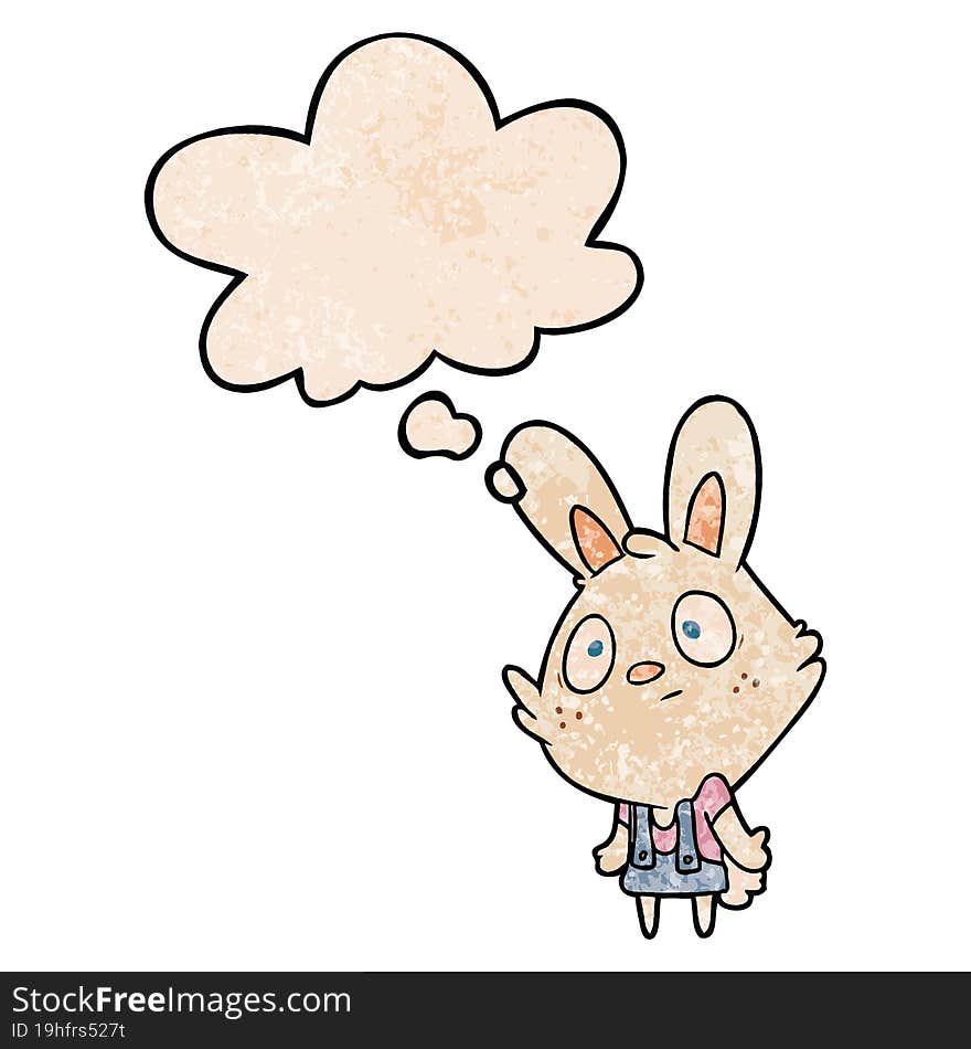 cartoon rabbit shrugging shoulders and thought bubble in grunge texture pattern style