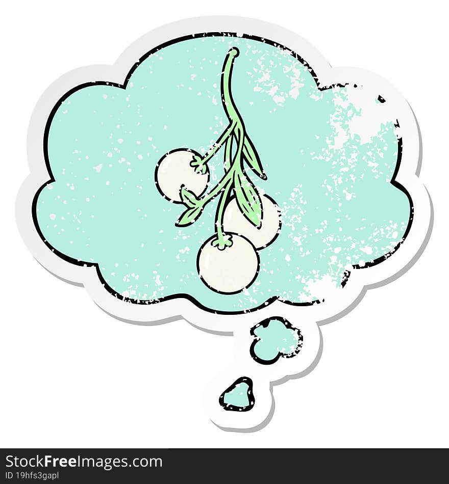 Cartoon Mistletoe And Thought Bubble As A Distressed Worn Sticker