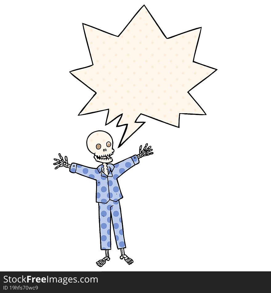 cartoon skeleton wearing pajamas with speech bubble in comic book style