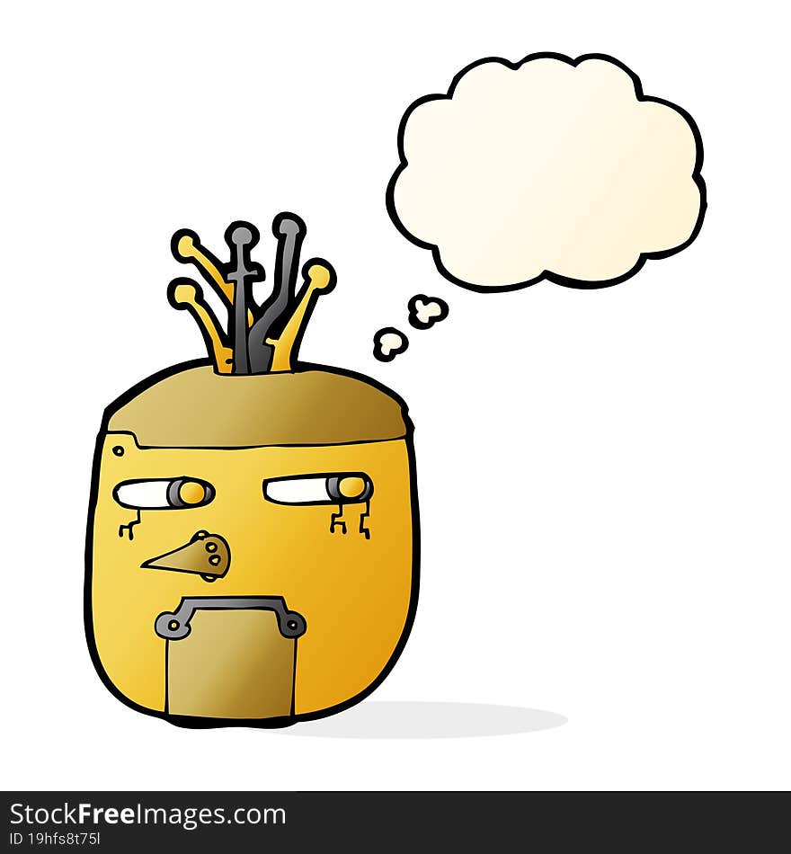 cartoon gold robot head with thought bubble