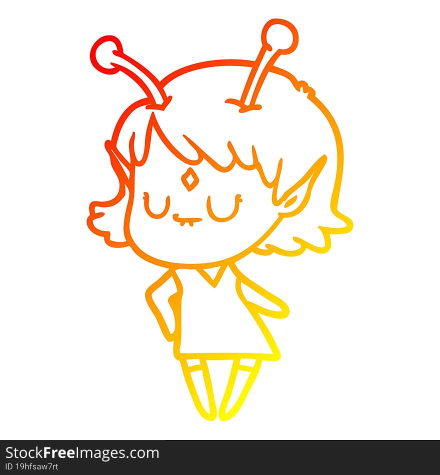 warm gradient line drawing of a cartoon alien girl