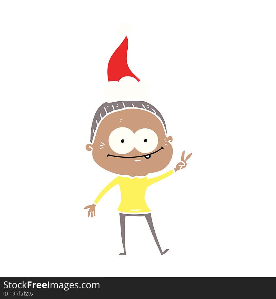 flat color illustration of a happy old woman wearing santa hat