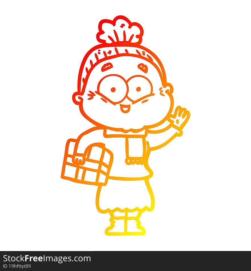 warm gradient line drawing of a cartoon happy old woman