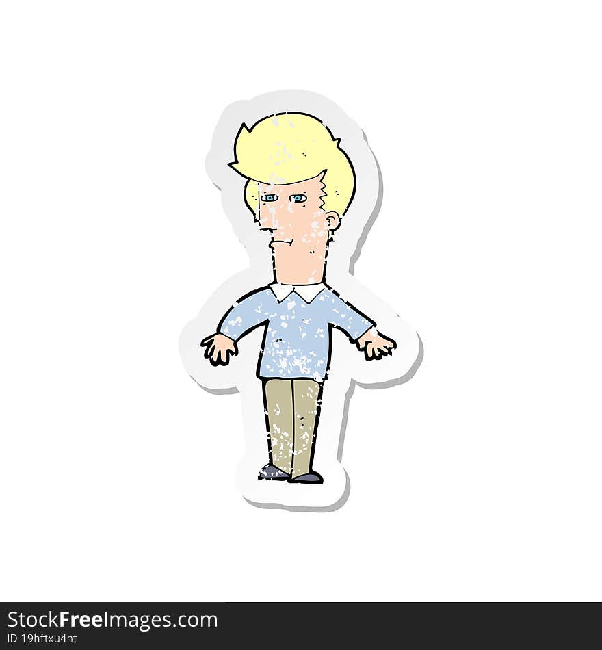 retro distressed sticker of a cartoon suspicious man