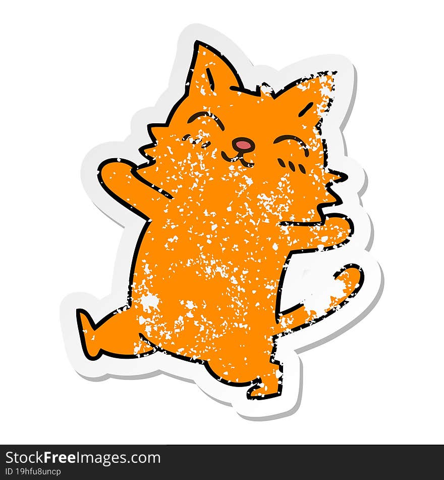 distressed sticker of a quirky hand drawn cartoon cat