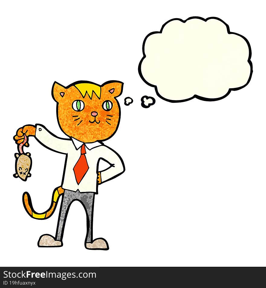 cartoon business cat with dead mouse with thought bubble