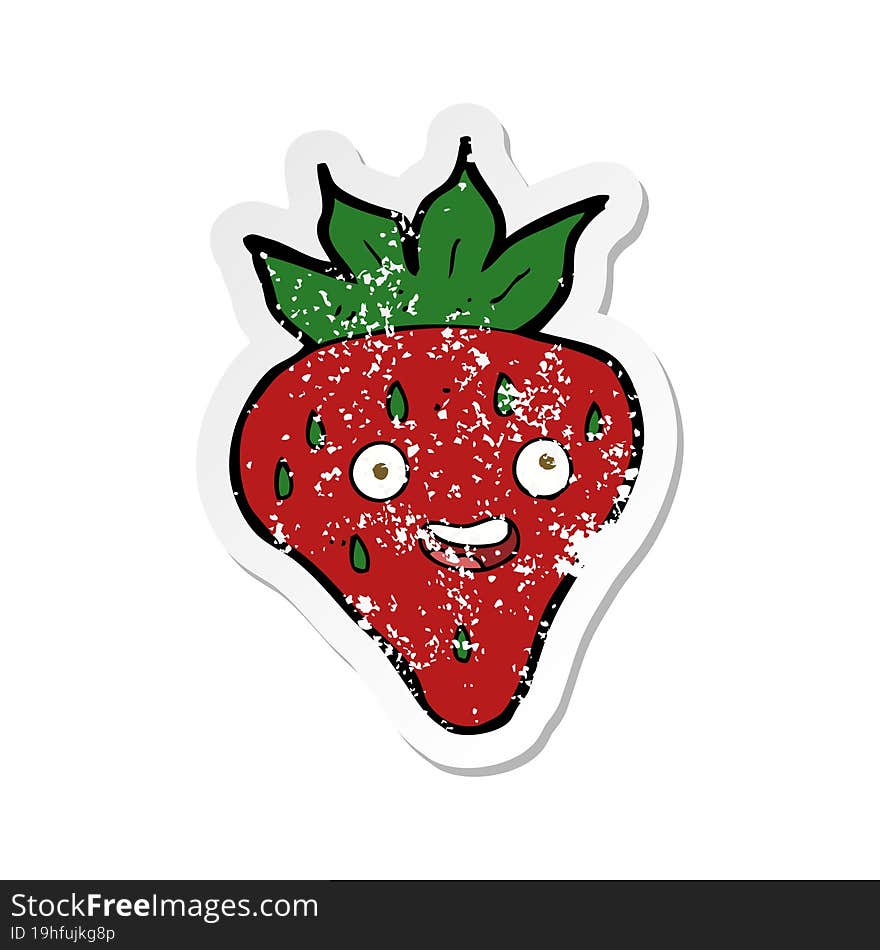 retro distressed sticker of a cartoon happy strawberry