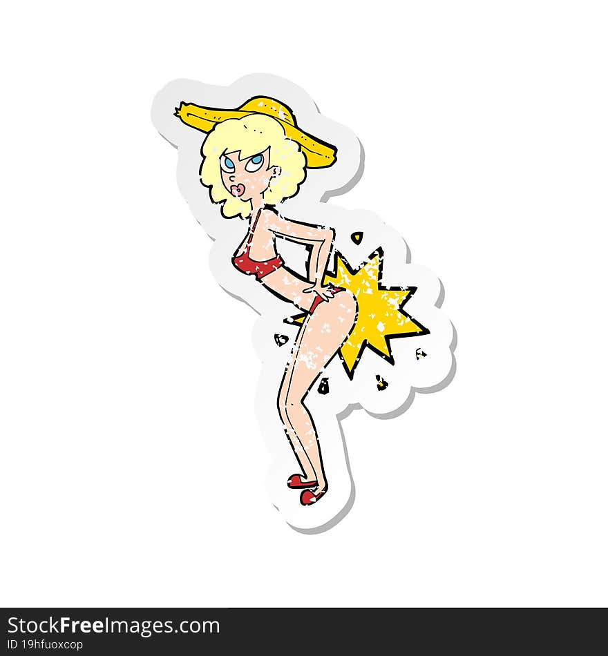 retro distressed sticker of a cartoon bikini pin up woman