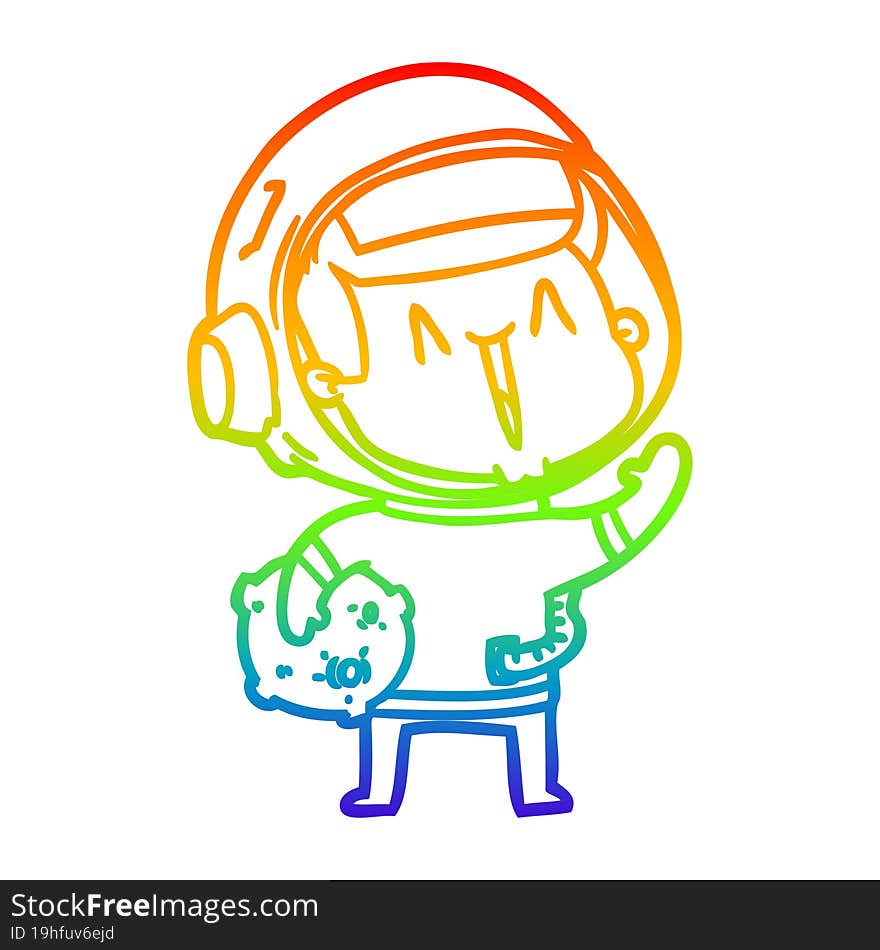 rainbow gradient line drawing happy cartoon astronaut with moon rock