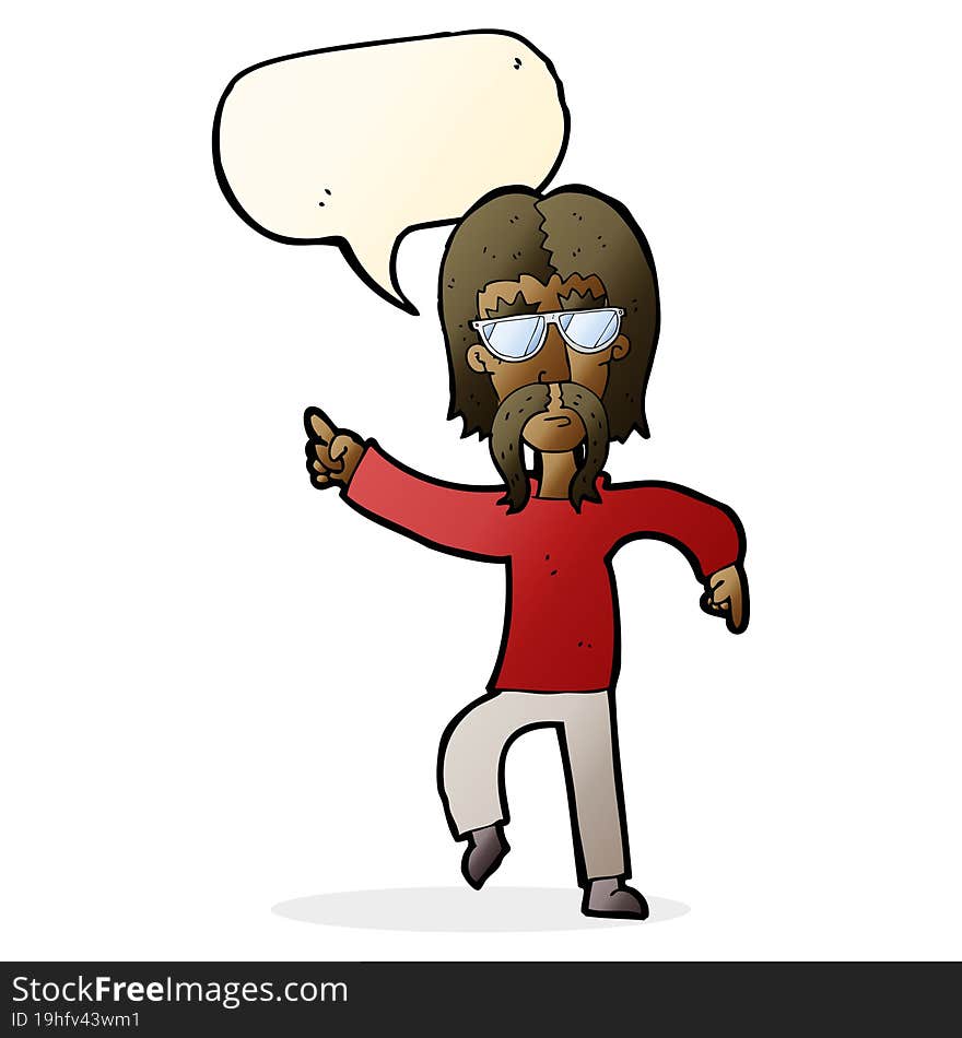 cartoon hippie man wearing glasses with speech bubble