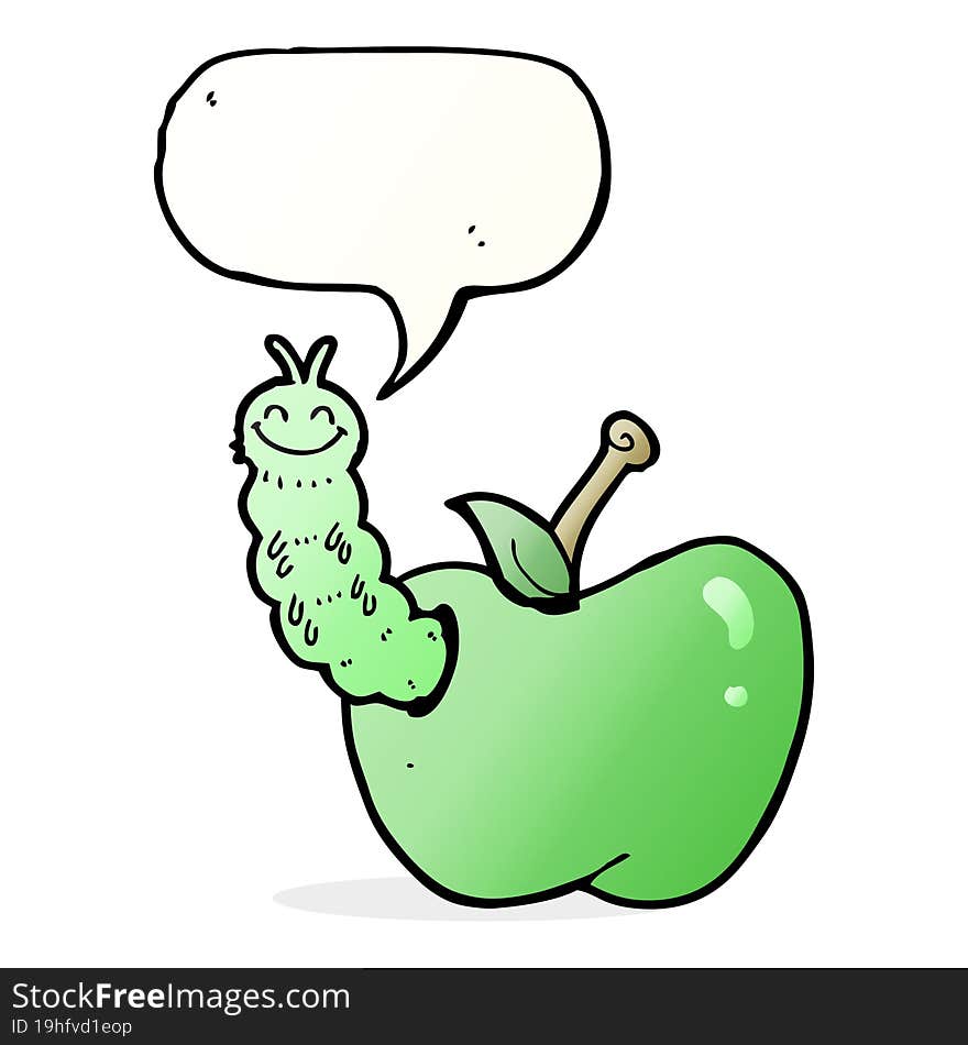 cartoon bug eating apple with speech bubble