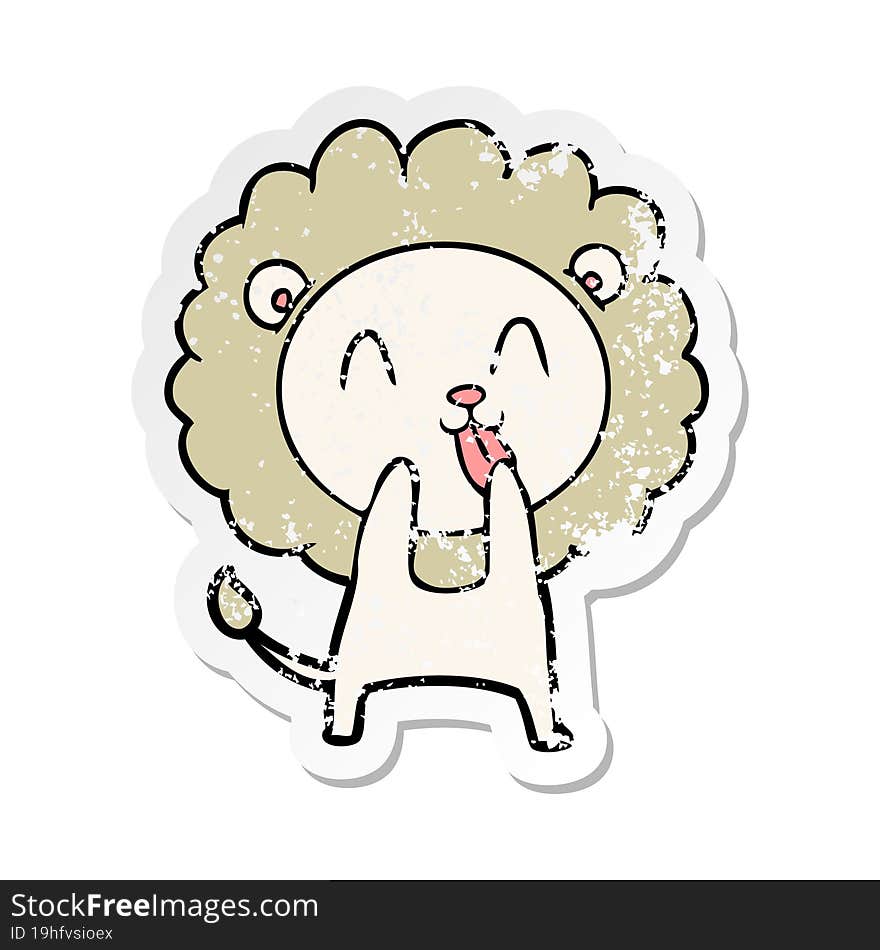 distressed sticker of a happy cartoon lion