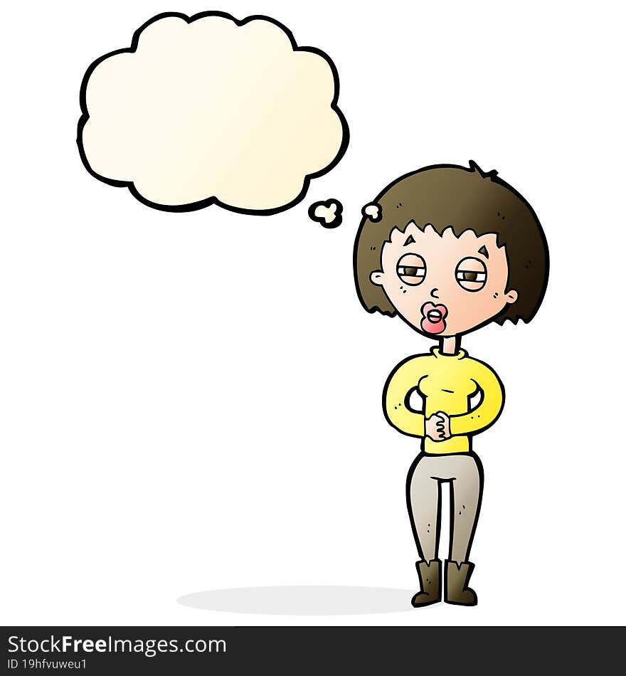 cartoon tired woman with thought bubble