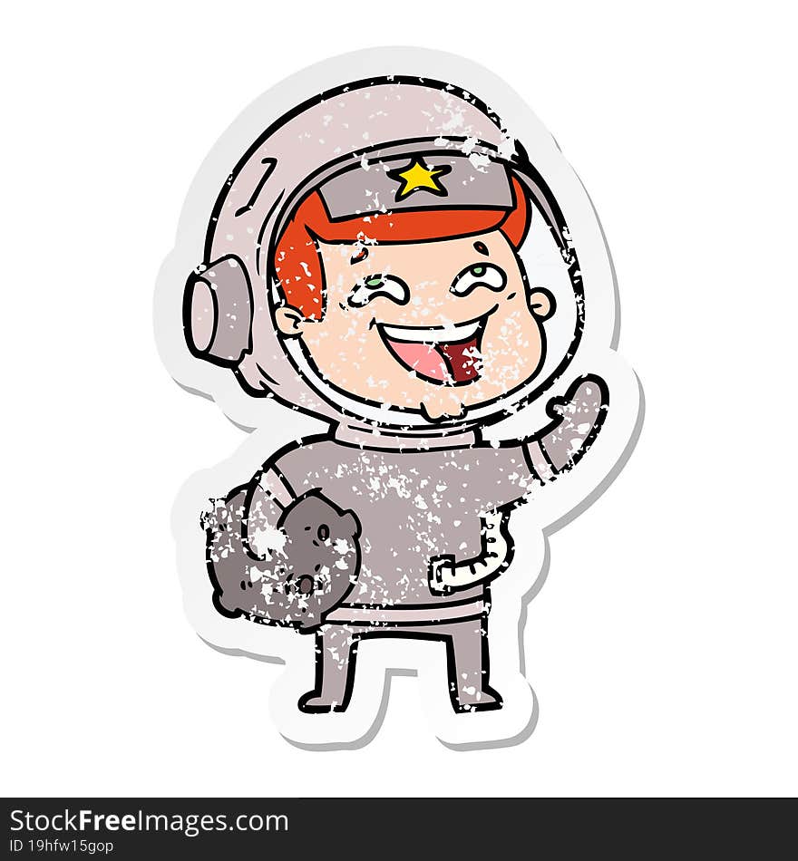 Distressed Sticker Of A Cartoon Laughing Astronaut