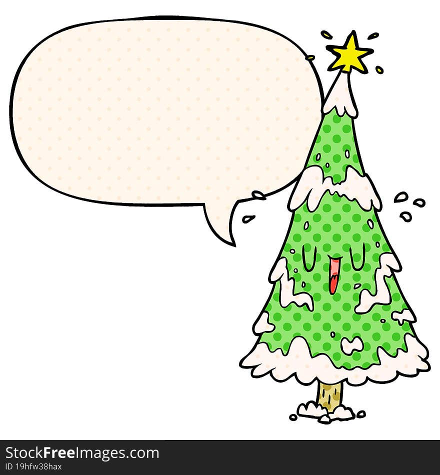 cartoon snowy christmas tree and happy face and speech bubble in comic book style