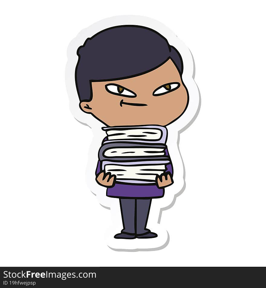 Sticker Of A Cartoon Boy With Books