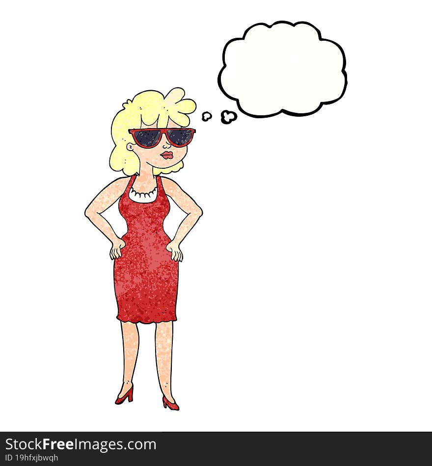 thought bubble textured cartoon woman wearing sunglasses