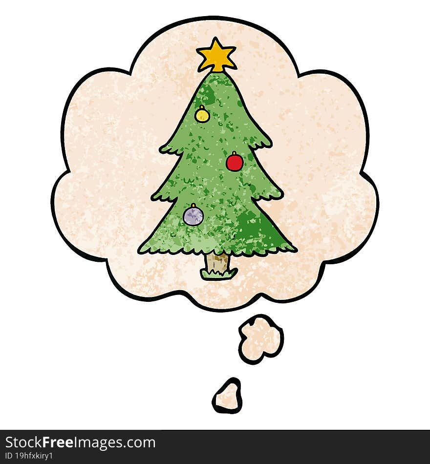 cartoon christmas tree with thought bubble in grunge texture style. cartoon christmas tree with thought bubble in grunge texture style