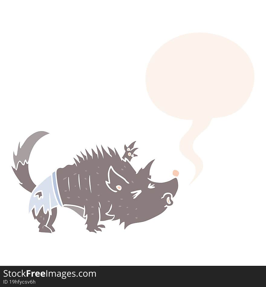 cartoon halloween werewolf with speech bubble in retro style