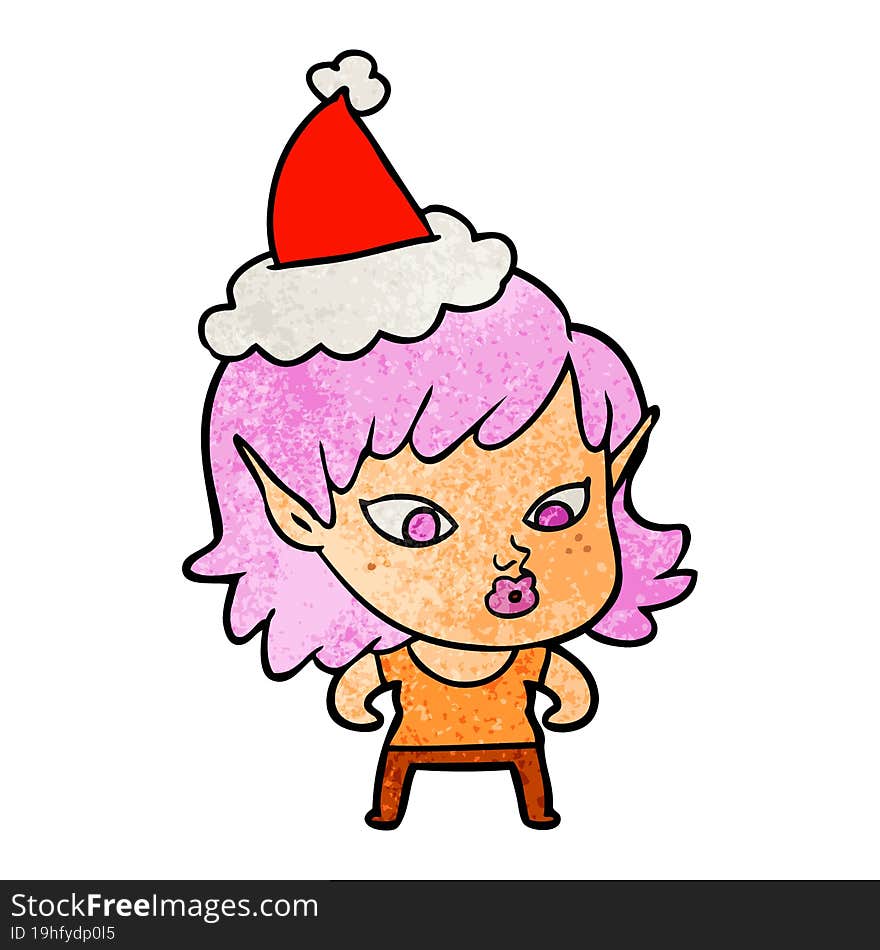 pretty textured cartoon of a elf girl wearing santa hat