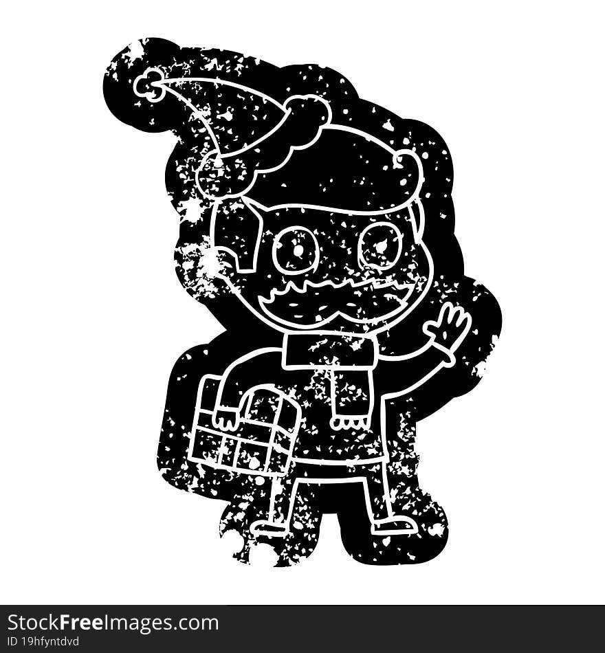 quirky cartoon distressed icon of a man with mustache and christmas present wearing santa hat