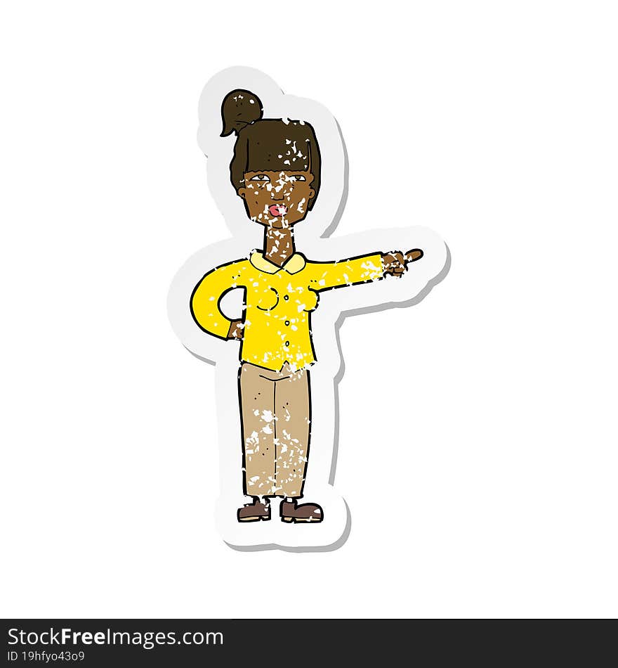 retro distressed sticker of a cartoon woman pointing