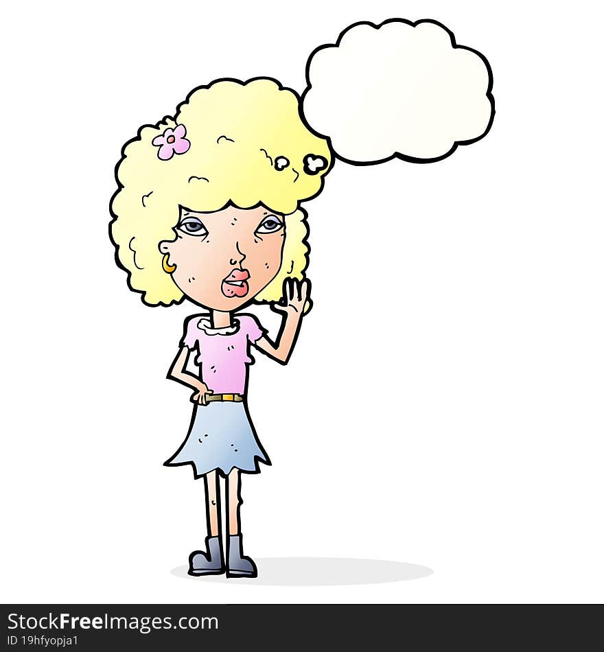 cartoon woman waving with thought bubble